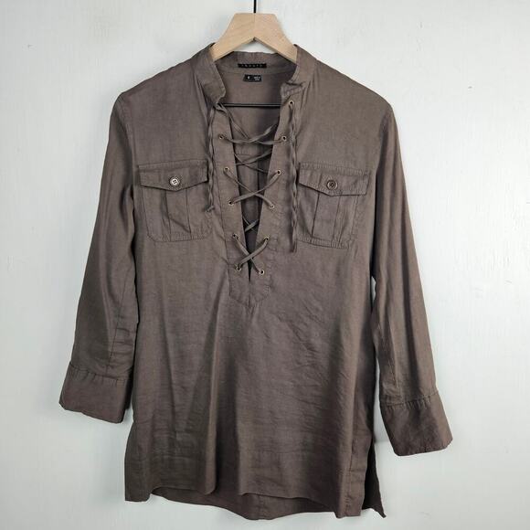 Theory Y2K‎ Lace Up Popover Tunic Blouse S Brown Roll Tab Sleeve - Picture 1 of 9